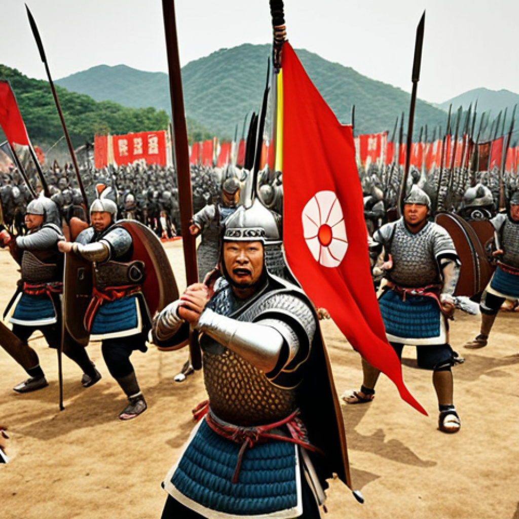 **

Ancient Korean kingdoms warring. Dramatic, stylized scene showcasing Goguryeo, Baekje, and Silla armies clashing. Include traditional Korean armor, banners, and landscapes. Emphasize the struggle for dominance on the Korean peninsula.

**