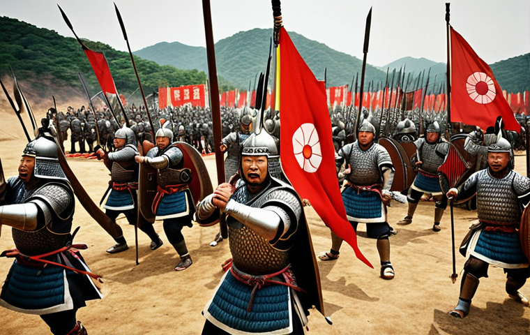 **

Ancient Korean kingdoms warring. Dramatic, stylized scene showcasing Goguryeo, Baekje, and Silla armies clashing. Include traditional Korean armor, banners, and landscapes. Emphasize the struggle for dominance on the Korean peninsula.

**