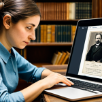 A focused genealogist, wearing modest, professional clothing, sits at a sturdy wooden desk, surrounded by a compelling blend of past and present. On one side are stacks of antique, yellowed family records, a vintage photo album, and a selection of handwritten letters. On the other side, a modern laptop displays an online genealogy database with detailed search results, and a tablet shows a dynamically generated digital family tree. The background features a blurred but elegant bookshelf filled with traditional tomes. The atmosphere is quiet and contemplative, highlighting the bridge between historical research and digital innovation. safe for work, appropriate content, fully clothed, professional, perfect anatomy, correct proportions, natural pose, well-formed hands, proper finger count, natural body proportions, high-quality, professional photography.