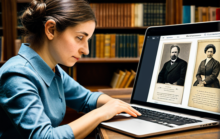 A focused genealogist, wearing modest, professional clothing, sits at a sturdy wooden desk, surrounded by a compelling blend of past and present. On one side are stacks of antique, yellowed family records, a vintage photo album, and a selection of handwritten letters. On the other side, a modern laptop displays an online genealogy database with detailed search results, and a tablet shows a dynamically generated digital family tree. The background features a blurred but elegant bookshelf filled with traditional tomes. The atmosphere is quiet and contemplative, highlighting the bridge between historical research and digital innovation. safe for work, appropriate content, fully clothed, professional, perfect anatomy, correct proportions, natural pose, well-formed hands, proper finger count, natural body proportions, high-quality, professional photography.