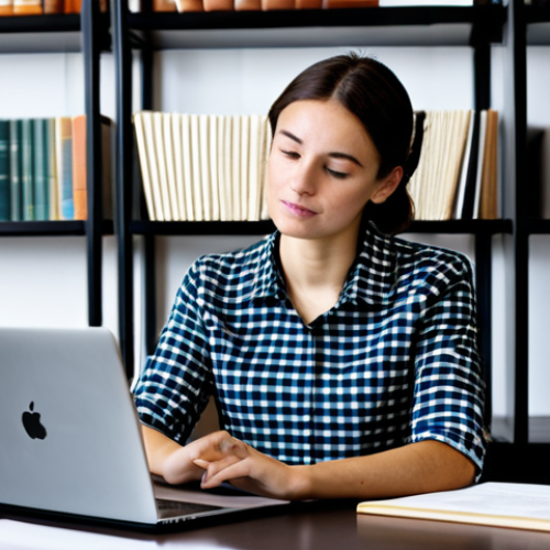A focused professional woman, fully clothed in a modest business casual outfit, sitting at a modern desk with a laptop and various digital tablets, carefully scrutinizing online educational materials. The scene emphasizes discerning information quality and source credibility, with charts and data visualizations subtly visible on the screens. The background is a clean, well-lit study environment with shelves of books. safe for work, appropriate content, fully clothed, perfect anatomy, correct proportions, natural pose, well-formed hands, proper finger count, natural body proportions, professional photography, high resolution, professional dress.