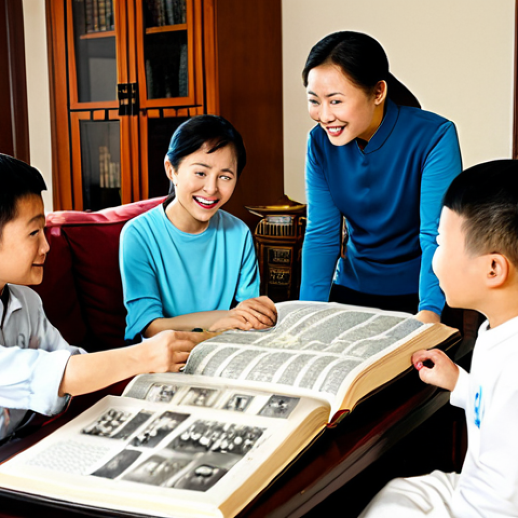 Family History Exploration**

A family gathering around a large, open genealogy book (族谱), showing family photos and handwritten records. Set in a brightly lit, comfortable living room with traditional Chinese décor. Everyone is fully clothed in modest, contemporary clothing. Focus on the expressions of curiosity and connection. Safe for work, appropriate content, fully clothed, family-friendly, perfect anatomy, correct proportions, natural pose, high quality.

**