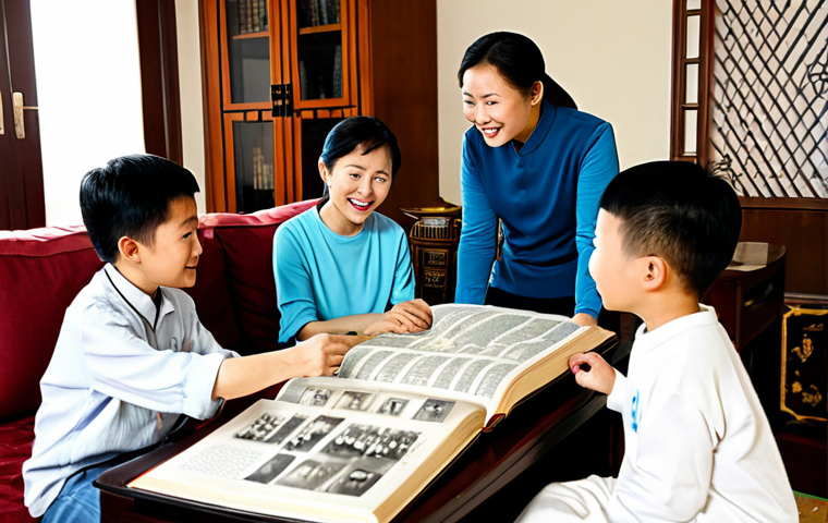 Family History Exploration**

A family gathering around a large, open genealogy book (族谱), showing family photos and handwritten records. Set in a brightly lit, comfortable living room with traditional Chinese décor. Everyone is fully clothed in modest, contemporary clothing. Focus on the expressions of curiosity and connection. Safe for work, appropriate content, fully clothed, family-friendly, perfect anatomy, correct proportions, natural pose, high quality.

**