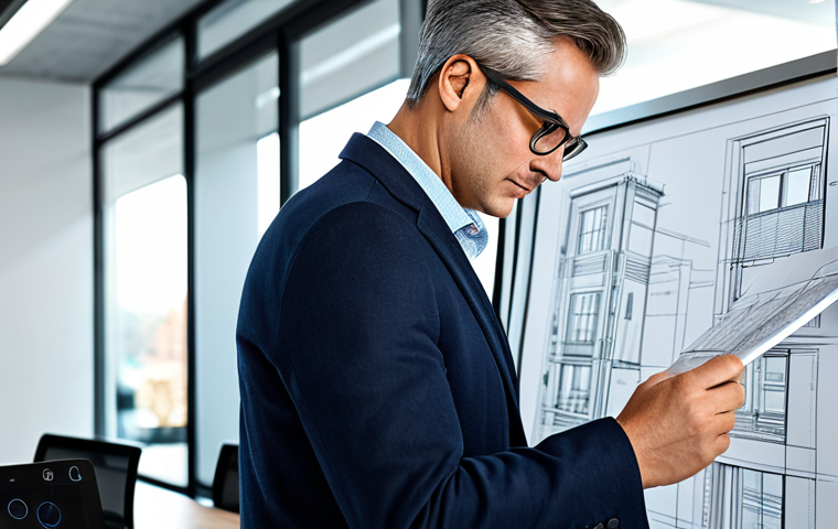 족보 제작 업체 - "A professional architect in a modern office, reviewing blueprints, wearing a blazer and glasses, fu...