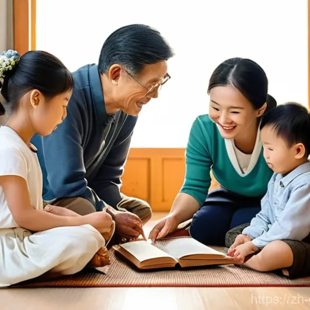 족보와 왕실 - **Prompt:** A warm, inviting scene of a multi-generational East Asian family, consisting of grandpar...