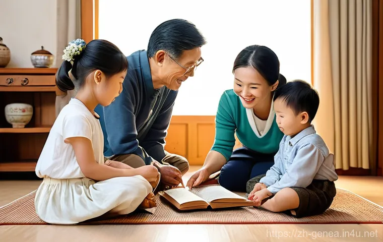 족보와 왕실 - **Prompt:** A warm, inviting scene of a multi-generational East Asian family, consisting of grandpar...