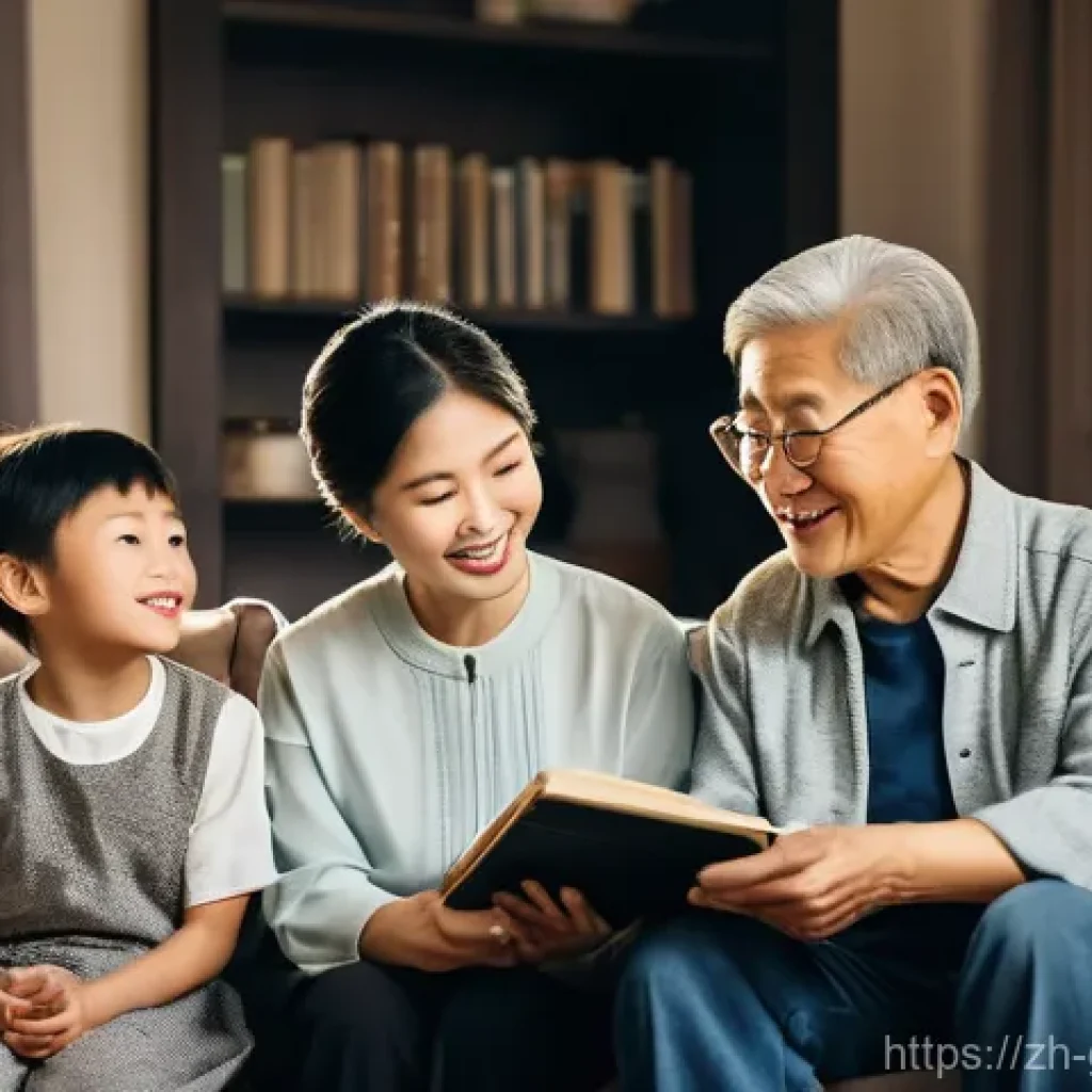 가문 연대표 작성 - **A warm, multi-generational Chinese family gathering in a cozy living room.** Grandparents, dressed...