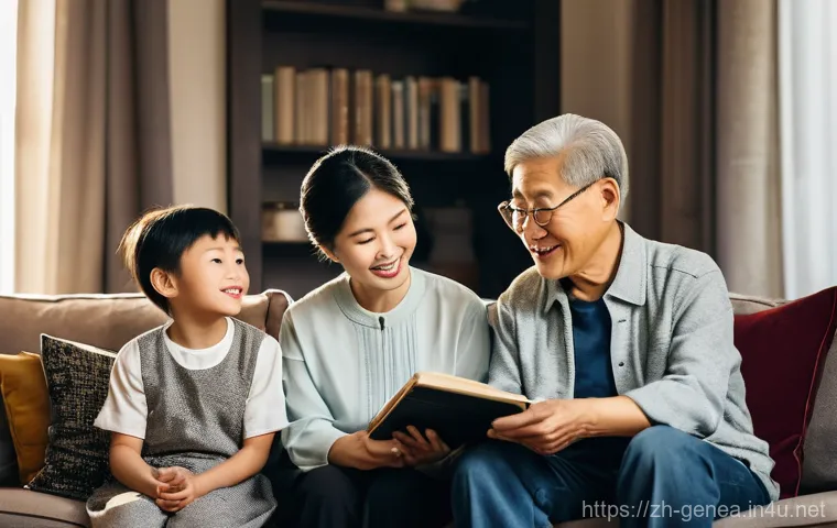 가문 연대표 작성 - **A warm, multi-generational Chinese family gathering in a cozy living room.** Grandparents, dressed...