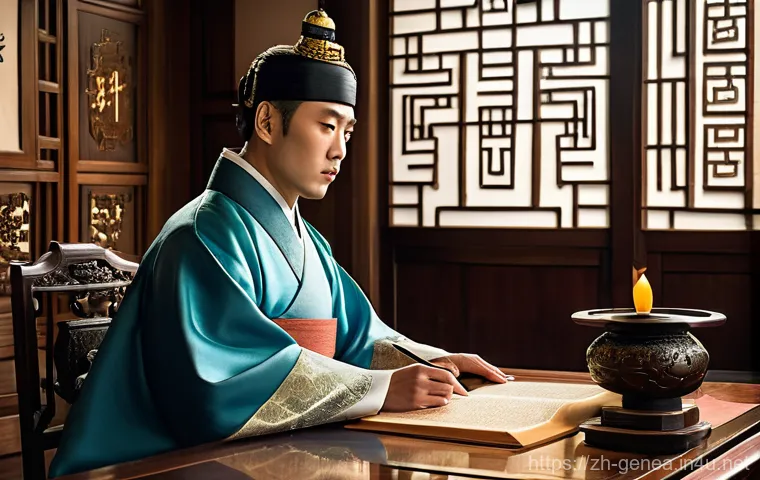 세종대왕 족보 - **Image Prompt 1: The Stern Mentor and the Future King**
    A majestic portrait of King Taejong, a ...
