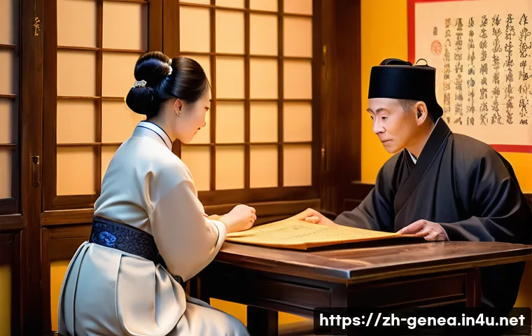 족보와 문헌 자료 - **Prompt**: A multi-generational East Asian family deeply engrossed in an ancient, intricately detai...