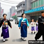 북한 성씨 체계 - **Prompt:** A vibrant, bustling street scene in a North Korean city. The street is filled with a div...