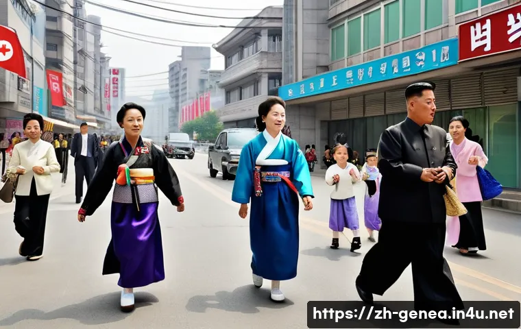 북한 성씨 체계 - **Prompt:** A vibrant, bustling street scene in a North Korean city. The street is filled with a div...