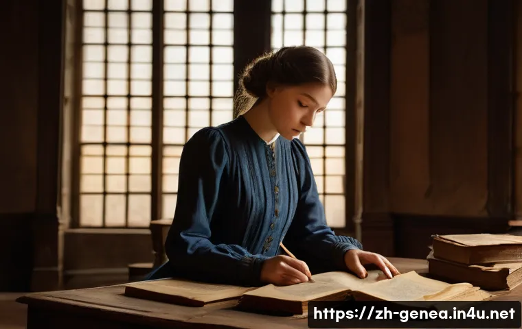 서양의 족보 문화 - **Image Prompt 1: The Quiet Discovery in Ancient Archives**
    A focused, thoughtful young woman, f...