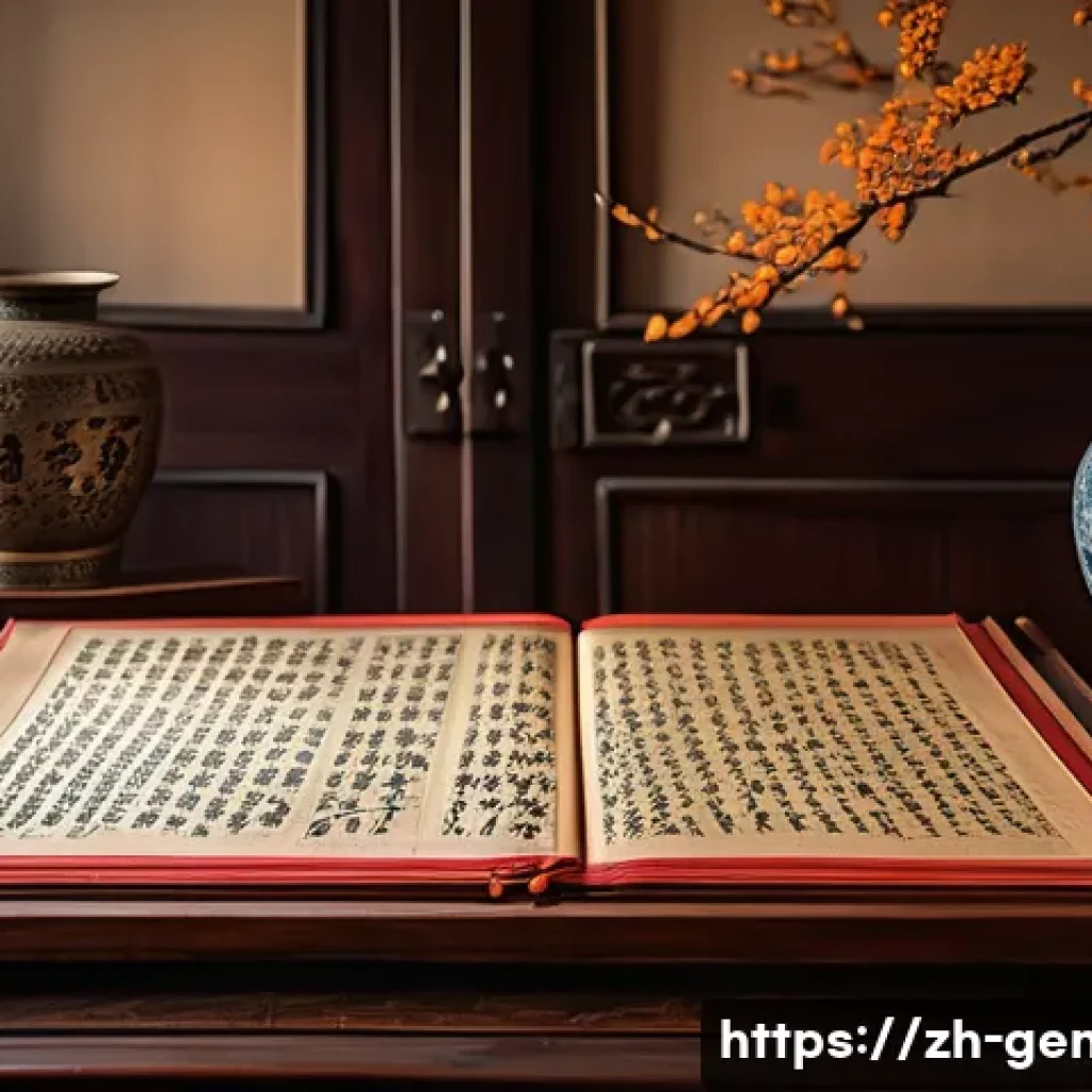 성씨와 족보 - A detailed traditional Chinese family genealogy book scene: an ancient, ornately decorated wooden ta...