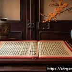 성씨와 족보 - A detailed traditional Chinese family genealogy book scene: an ancient, ornately decorated wooden ta...