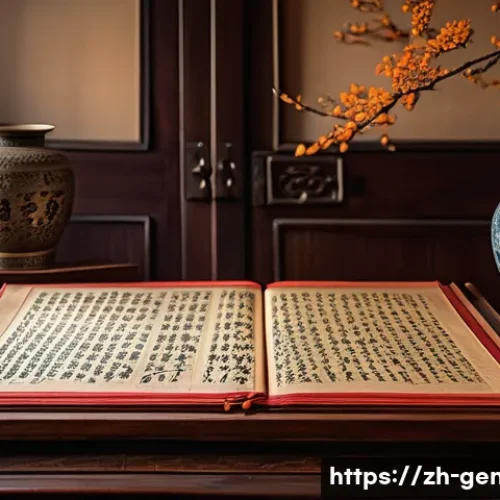 성씨와 족보 - A detailed traditional Chinese family genealogy book scene: an ancient, ornately decorated wooden ta...