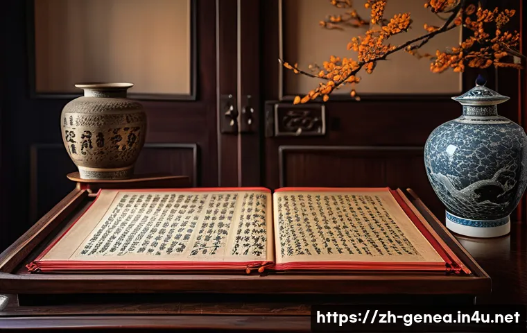 성씨와 족보 - A detailed traditional Chinese family genealogy book scene: an ancient, ornately decorated wooden ta...
