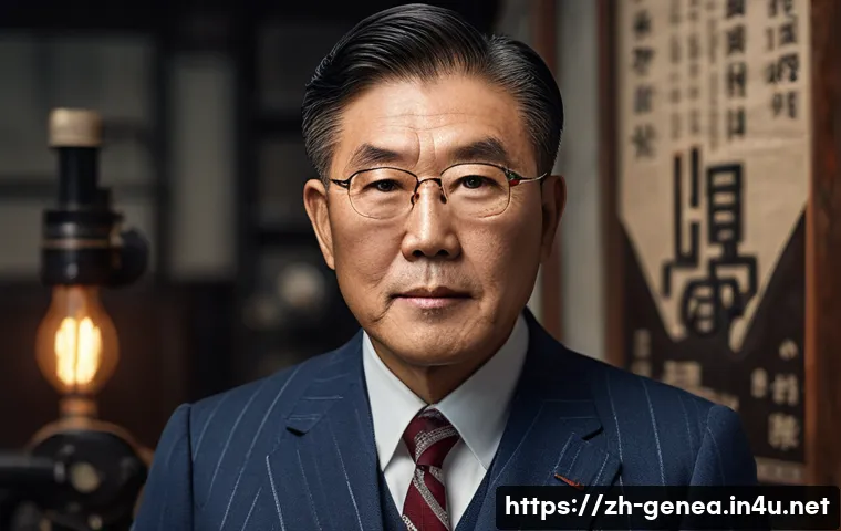 LG가 족보 - A detailed portrait of Koo Bon-moo, the founder of LG, in a mid-20th century industrial setting in K...