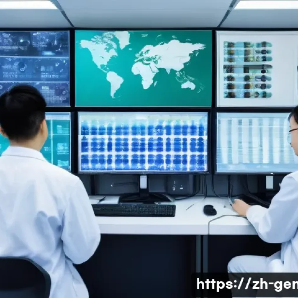 성씨 유전자 연구 - A modern genetic research laboratory scene focusing on surname DNA analysis: a diverse group of Chin...