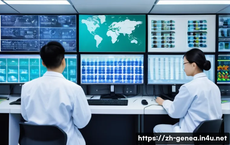 성씨 유전자 연구 - A modern genetic research laboratory scene focusing on surname DNA analysis: a diverse group of Chin...