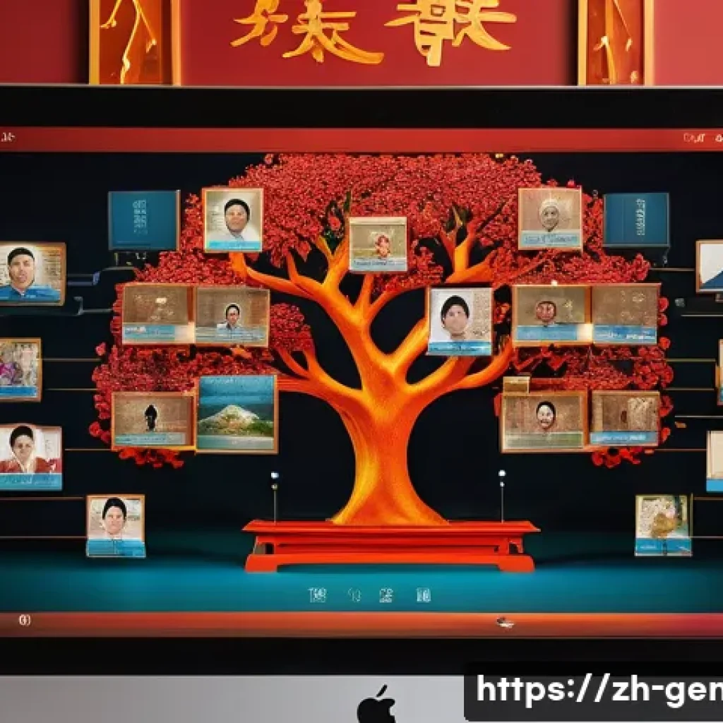재외동포 족보 - A modern digital family tree interface displayed on a high-resolution computer screen, showing color...