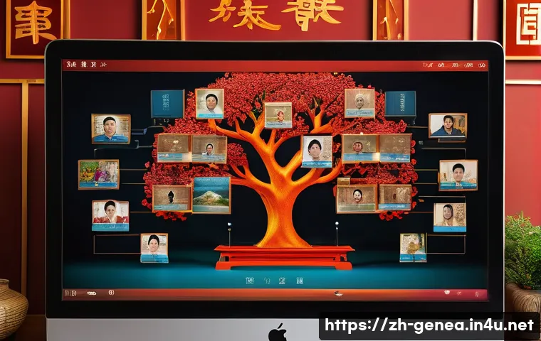 재외동포 족보 - A modern digital family tree interface displayed on a high-resolution computer screen, showing color...