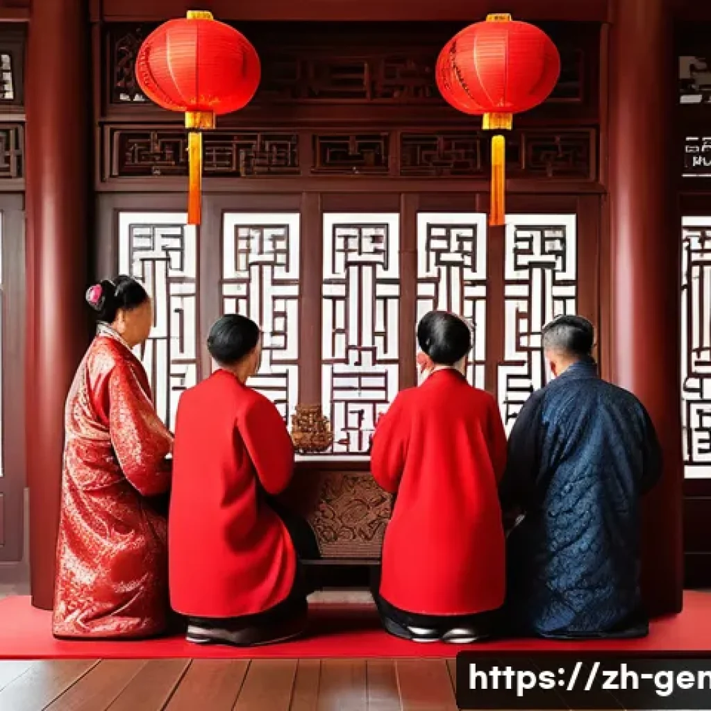 족보학 서적 - A warm, detailed family reunion scene set in a traditional Chinese ancestral hall decorated with int...