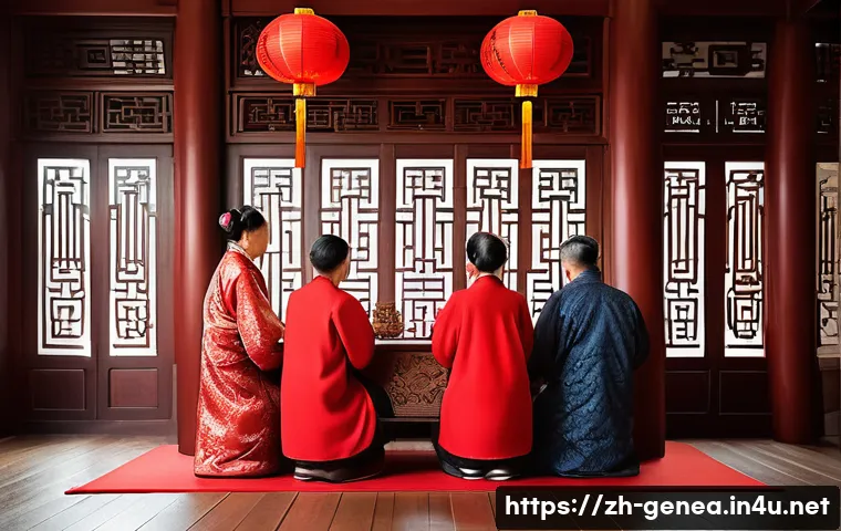 족보학 서적 - A warm, detailed family reunion scene set in a traditional Chinese ancestral hall decorated with int...