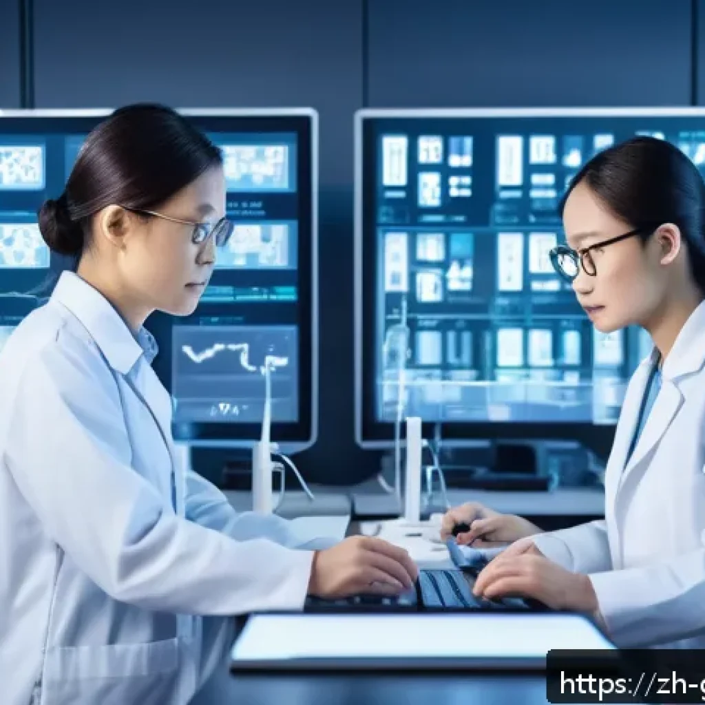 가계 유전자 검사 - A modern genetic testing laboratory scene showing a diverse group of Chinese professionals analyzing...