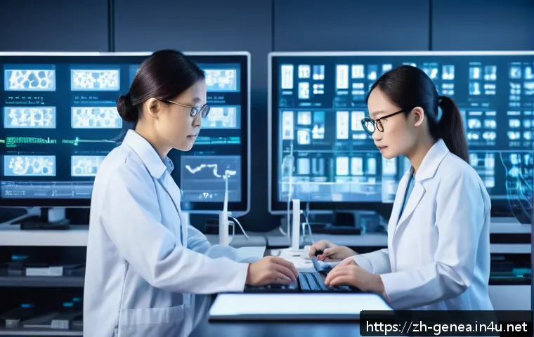 가계 유전자 검사 - A modern genetic testing laboratory scene showing a diverse group of Chinese professionals analyzing...