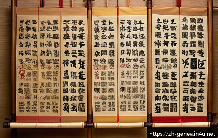북한의 족보 - A detailed, elegant Korean Joseon Dynasty family genealogy scroll displayed on a wooden table, featu...