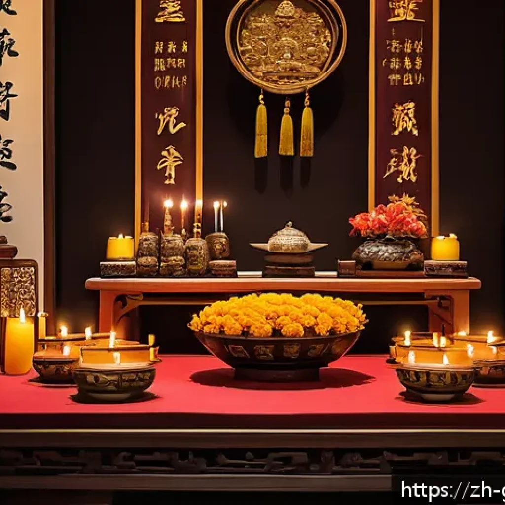족보와 종교 - A detailed scene of a traditional Chinese family altar during an ancestor worship ceremony, featurin...