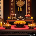 족보와 종교 - A detailed scene of a traditional Chinese family altar during an ancestor worship ceremony, featurin...
