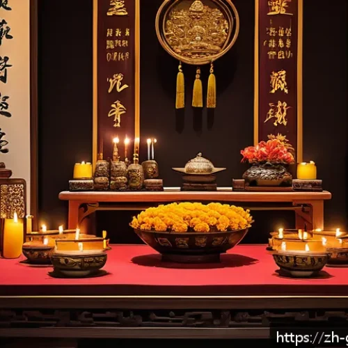 족보와 종교 - A detailed scene of a traditional Chinese family altar during an ancestor worship ceremony, featurin...