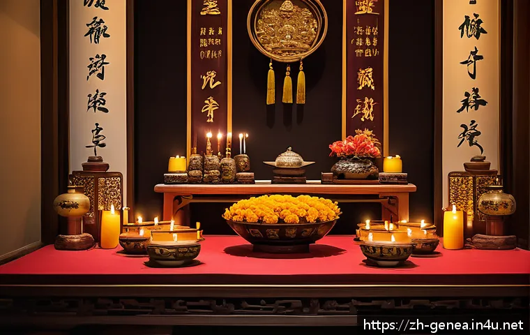 족보와 종교 - A detailed scene of a traditional Chinese family altar during an ancestor worship ceremony, featurin...