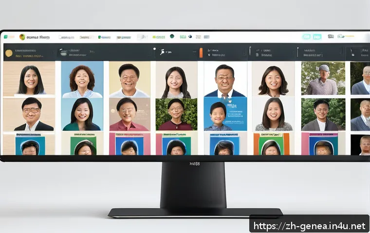 족보 소프트웨어 - A modern family tree visualization interface on a computer screen, showing automatically generated r...