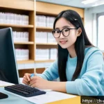 인터넷 족보 찾기 - A modern study room scene featuring a young adult Chinese student wearing casual clothes and glasses...