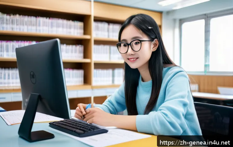 인터넷 족보 찾기 - A modern study room scene featuring a young adult Chinese student wearing casual clothes and glasses...