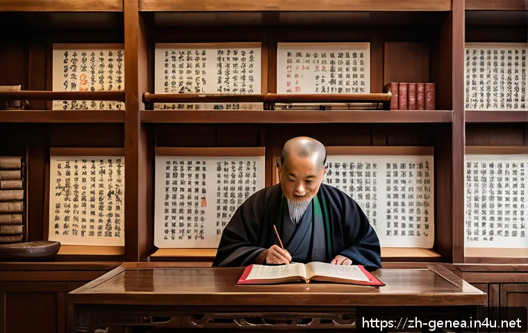 이씨 족보 - A detailed, traditional Chinese family genealogy scroll scene set in an ancient study room with wood...