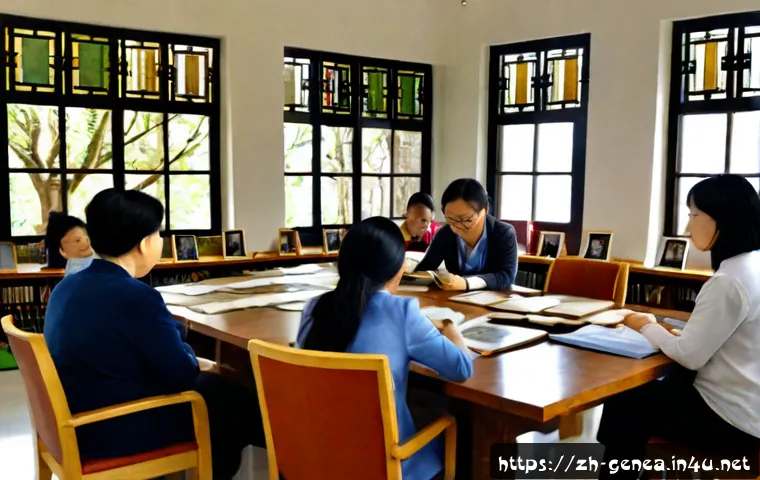 족보 연구 학회 - Photorealistic genealogy research society meeting in a quiet modern library, diverse Chinese adult r...